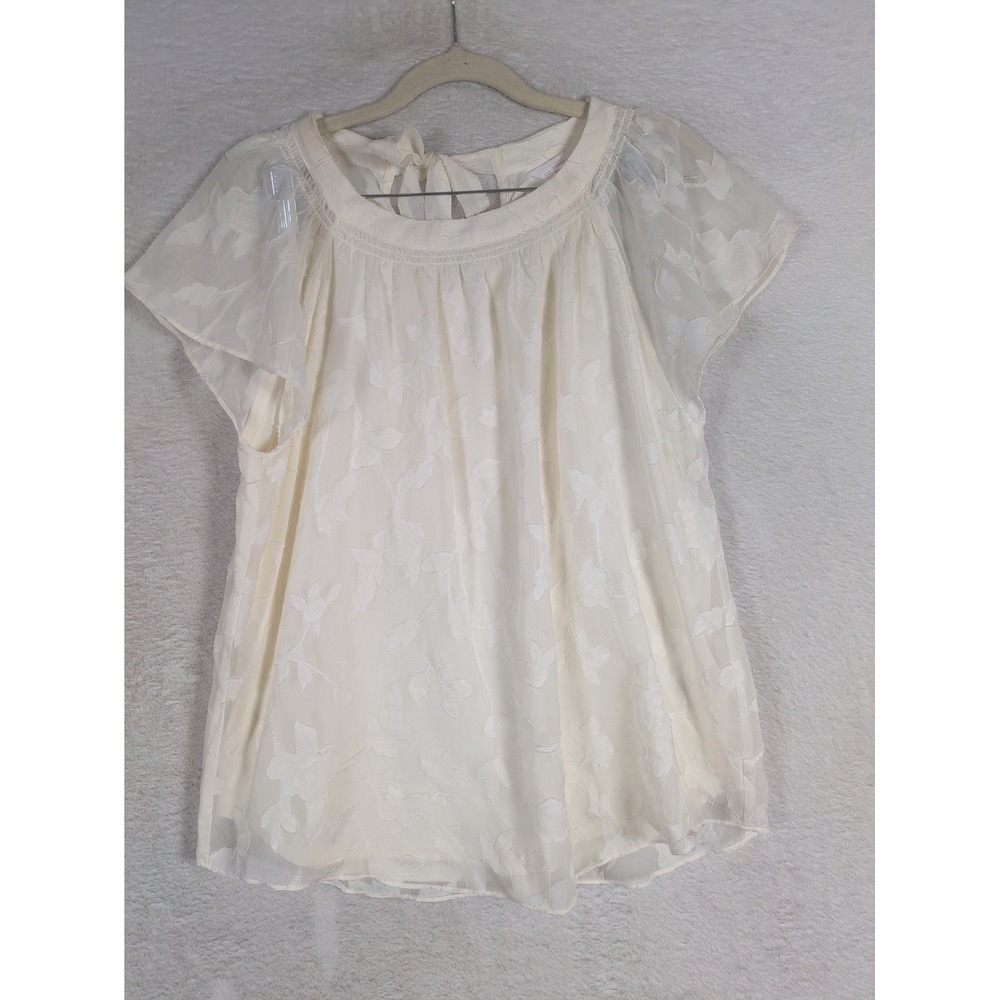 LC Lauren Conrad Blouse Women's Medium Cream Burnout Floral Flutter Sleeve Tie